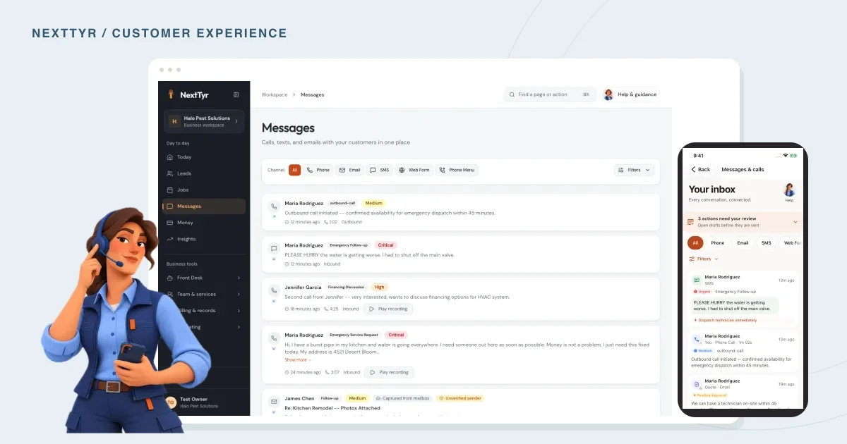 Real NextTyr front desk web and native mobile screens with the approved Front desk teammate