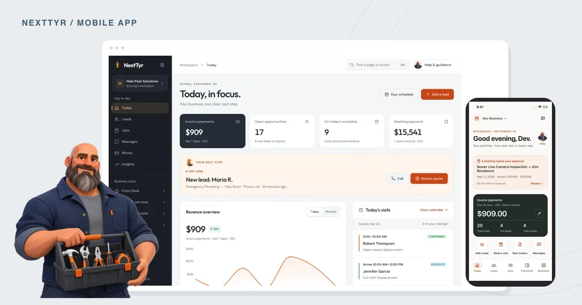 Real NextTyr overview web and native mobile screens with the approved Command teammate