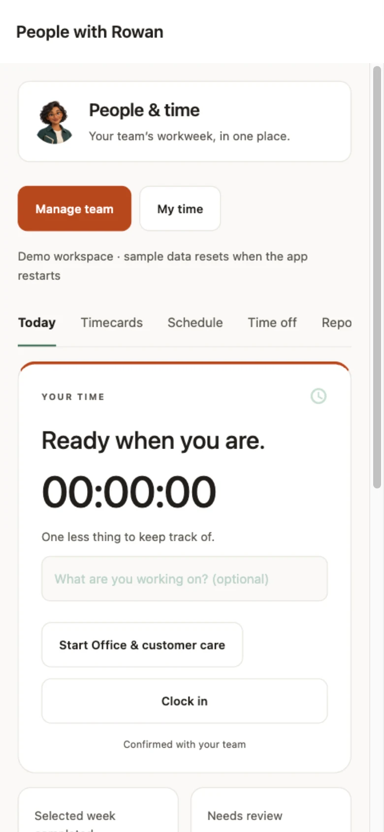 NextTyr People app rendered in Expo web, showing Rowan, employee clock controls, and a sample workspace notice