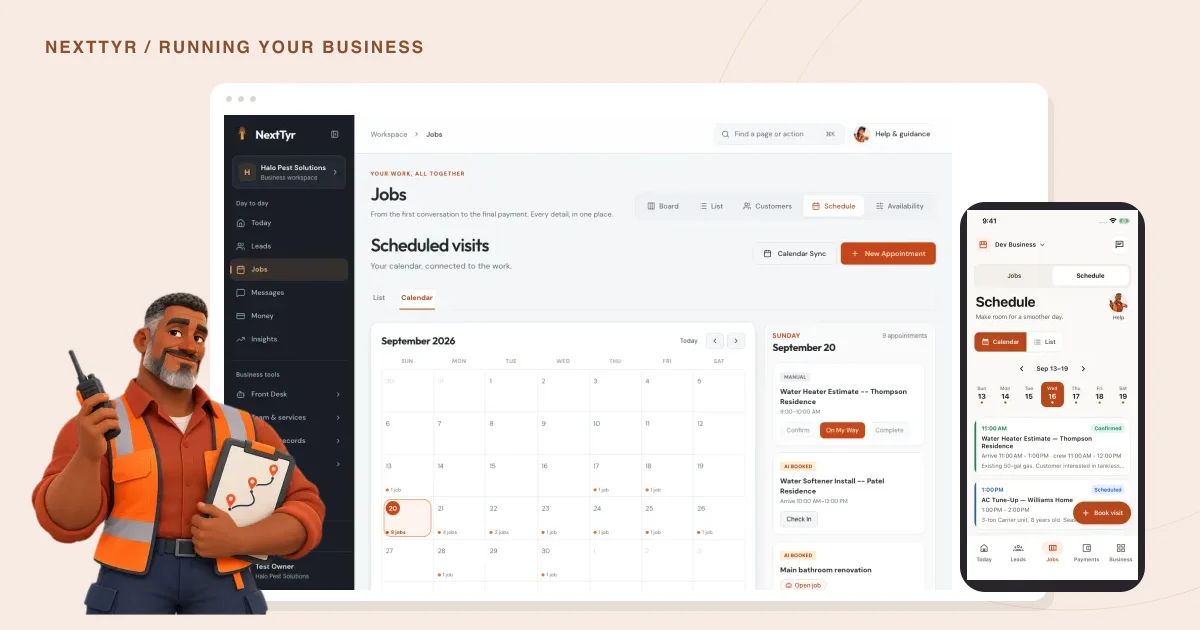 Real NextTyr scheduling web and native mobile screens with the approved Dispatcher teammate