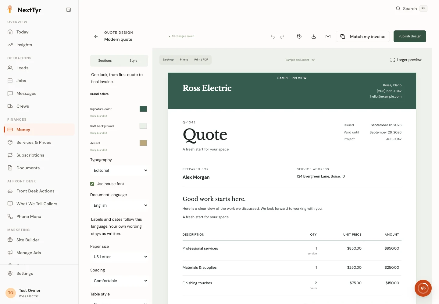 The real NextTyr designer: style controls beside a Ross Electric sample quote