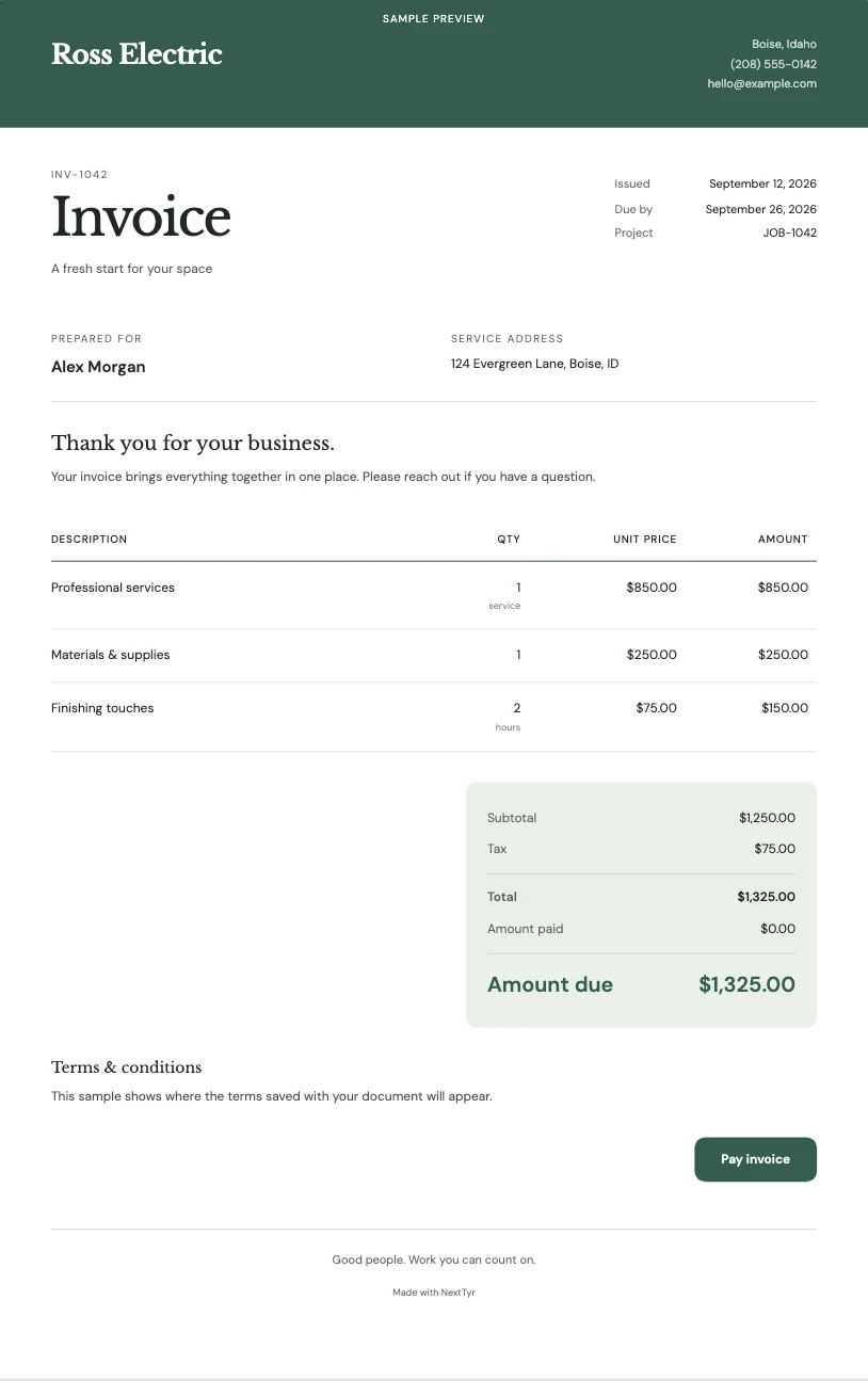 Matching NextTyr invoice preview with Ross Electric sample branding