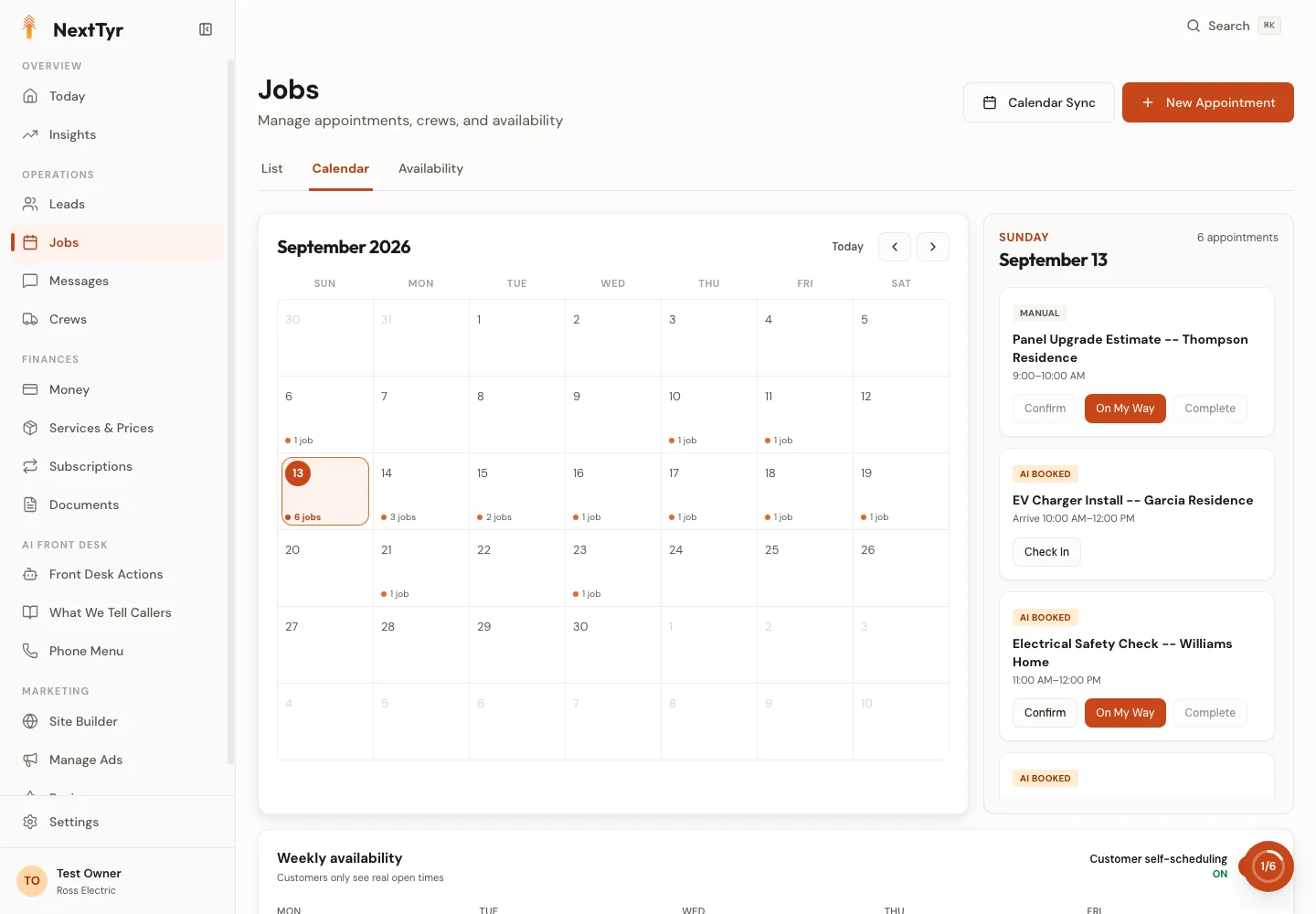 NextTyr Jobs showing electrical appointments in the Ross Electric sample workspace
