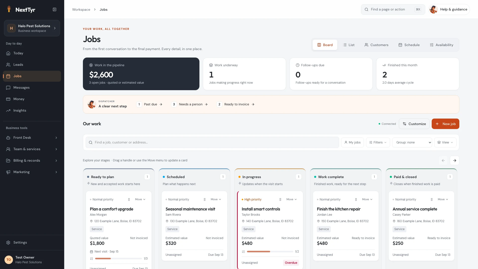 Actual NextTyr Job Board with customer job cards grouped by progress in a sample business.