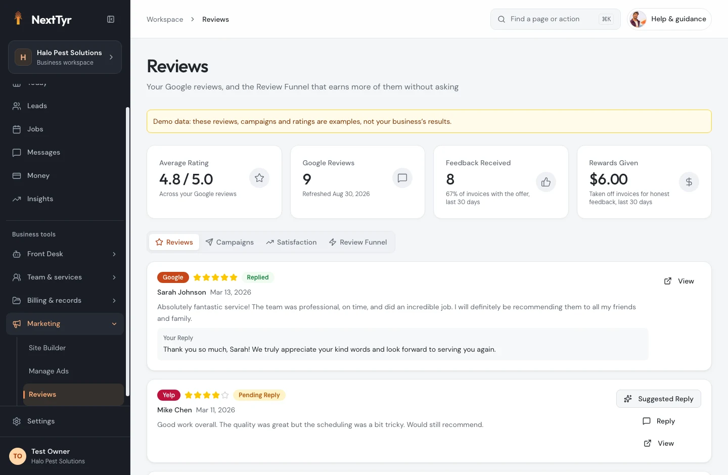 NextTyr your customer reviews screen, captured from the product with sample business data