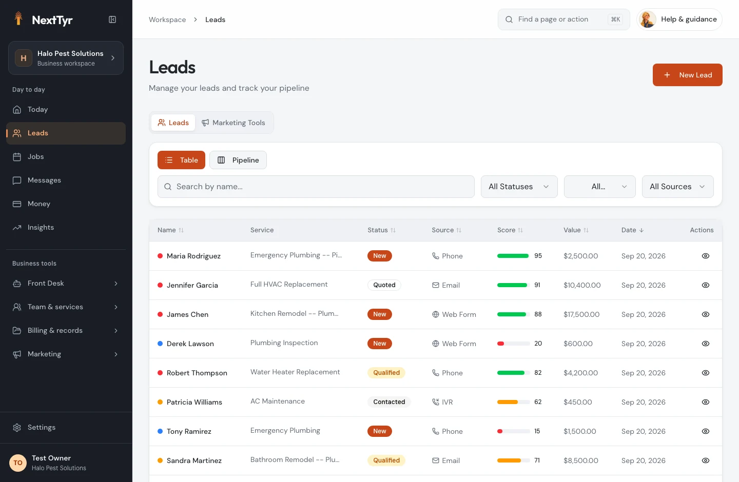 NextTyr your leads, organized screen, captured from the product with sample business data